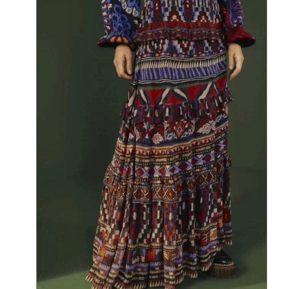 Farm Rio - Medium Ainika Tapestry Maxi Skirt Blue Red Tiered Ruffle Boho NWT - Picture 3 of 7